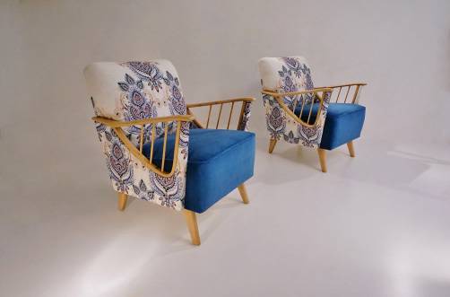 Ercol Windsor armchairs, a pair, newly upholstered, 1950`s ca, English